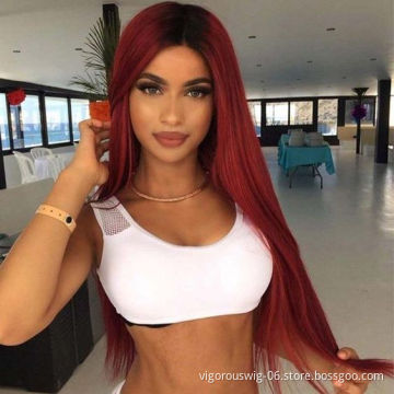 Vigorous Women Favorite Wigs Long Straight Ombre Wine Red Synthetic Wigs for Women Cosplay Hair Heat Resistant R2-118